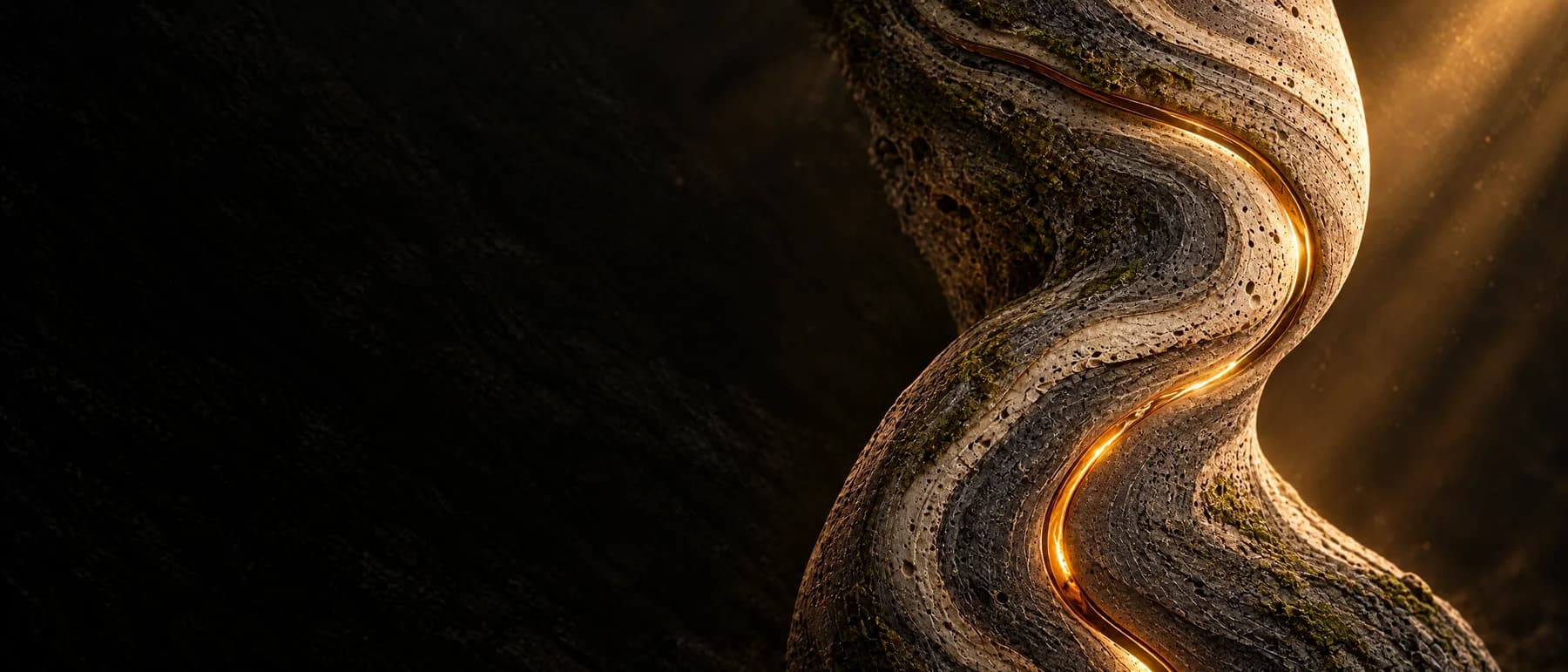 A warm amber seam running through the layers of a dark mineral cross-section.