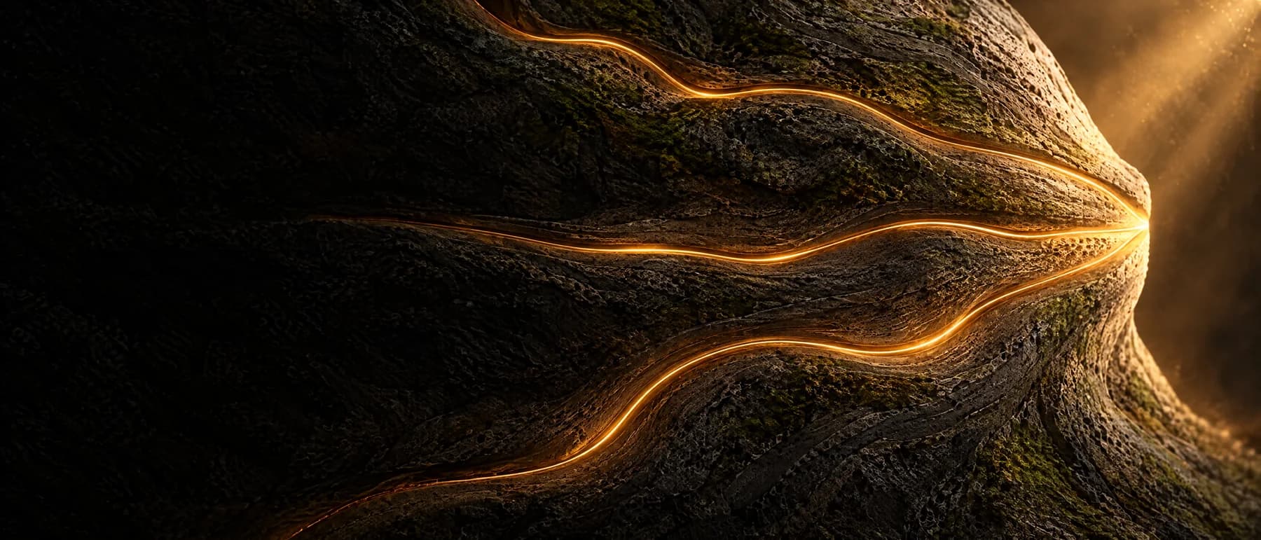 Three separate amber light paths crossing a textured dark mineral surface.