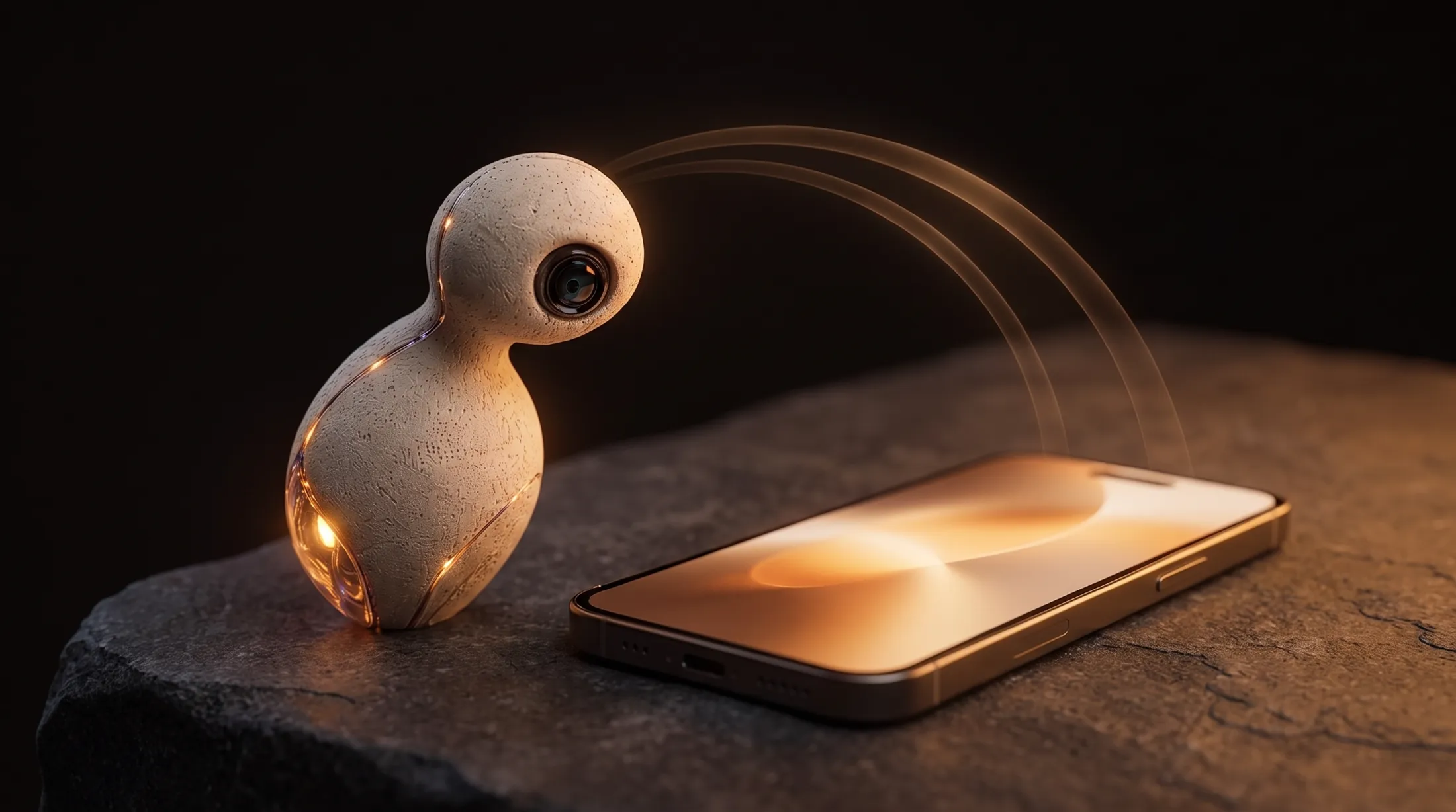 NTIC sits beside a smartphone on a dark stone surface as soft amber arcs of light rise from the glowing screen.