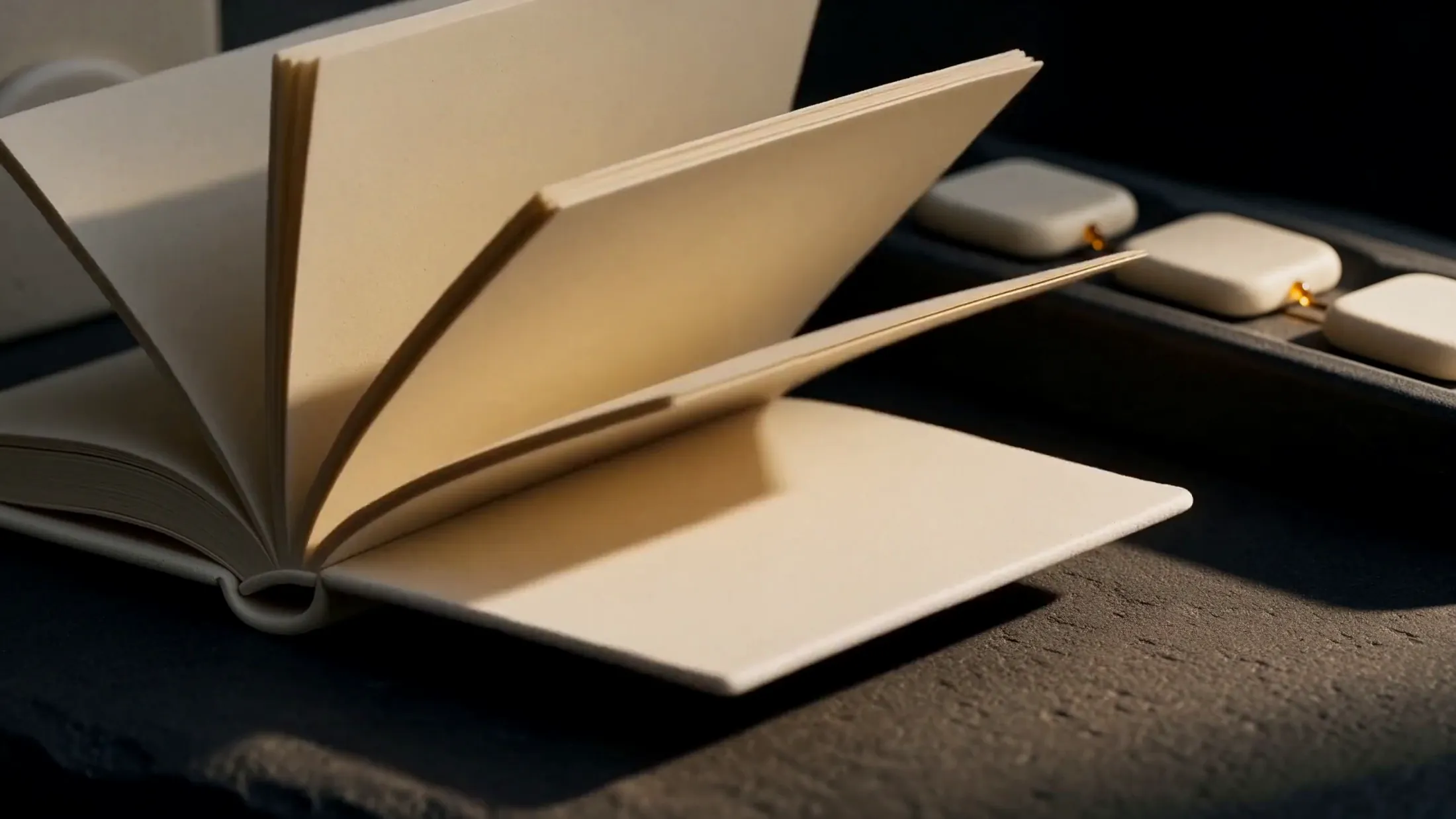 An open book of cream pages on a dark stone surface, lit by a warm amber light.