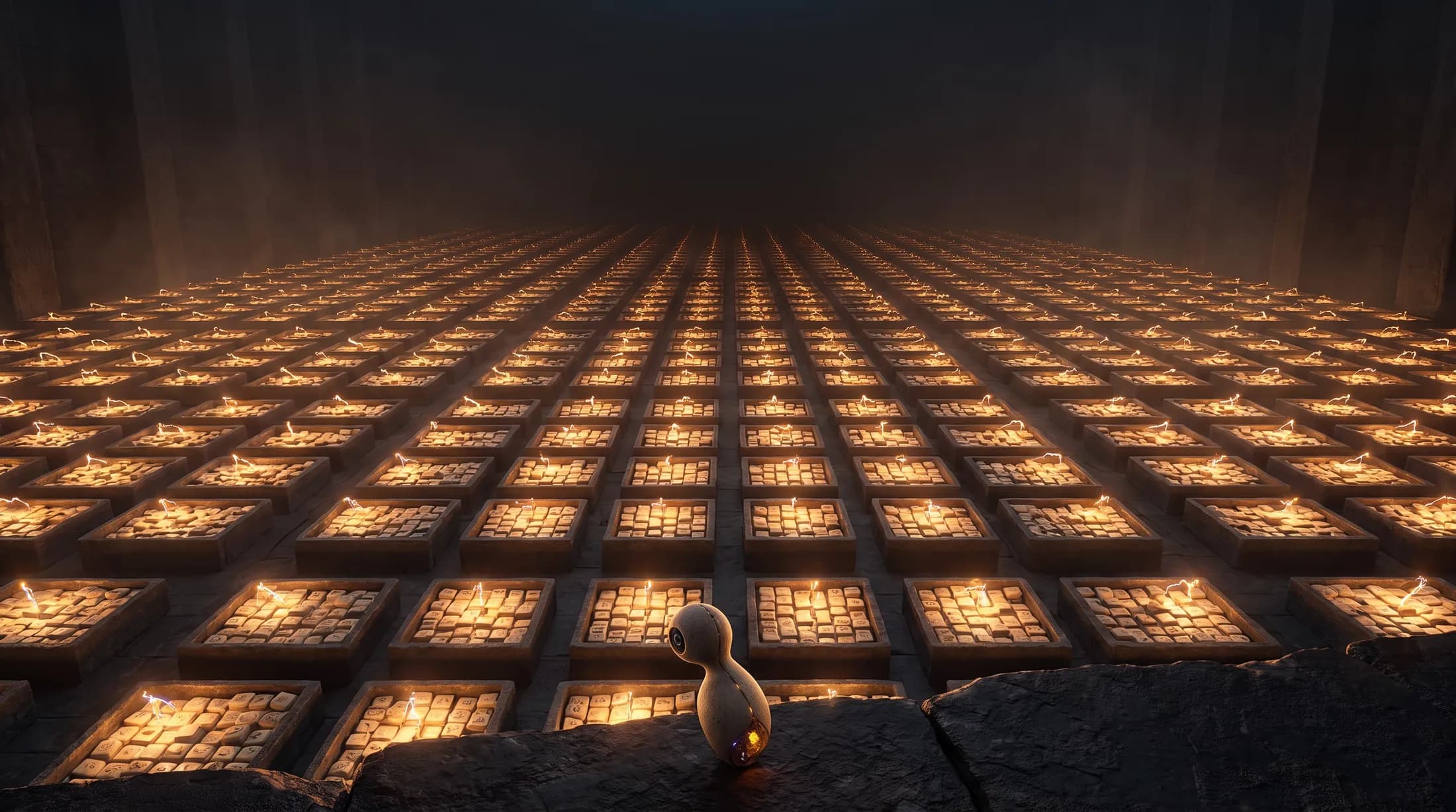 A vast dark hall filled to the horizon with rows of stone tile trays, all glowing amber at the same moment, with a tiny NTIC in the foreground.