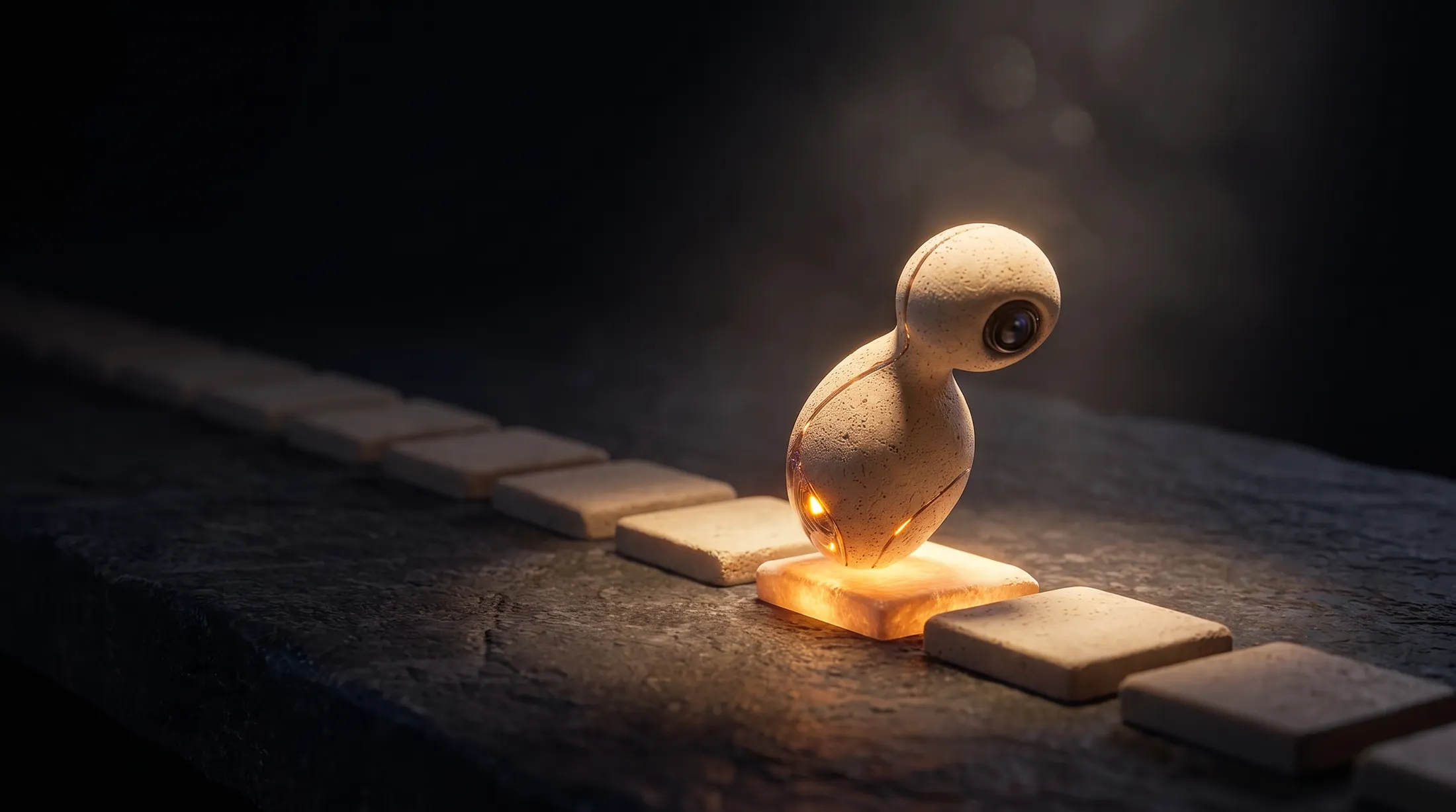 The stone explorer NTIC stands on a single glowing tile in a long line of dark stone tiles that stretches into the darkness.